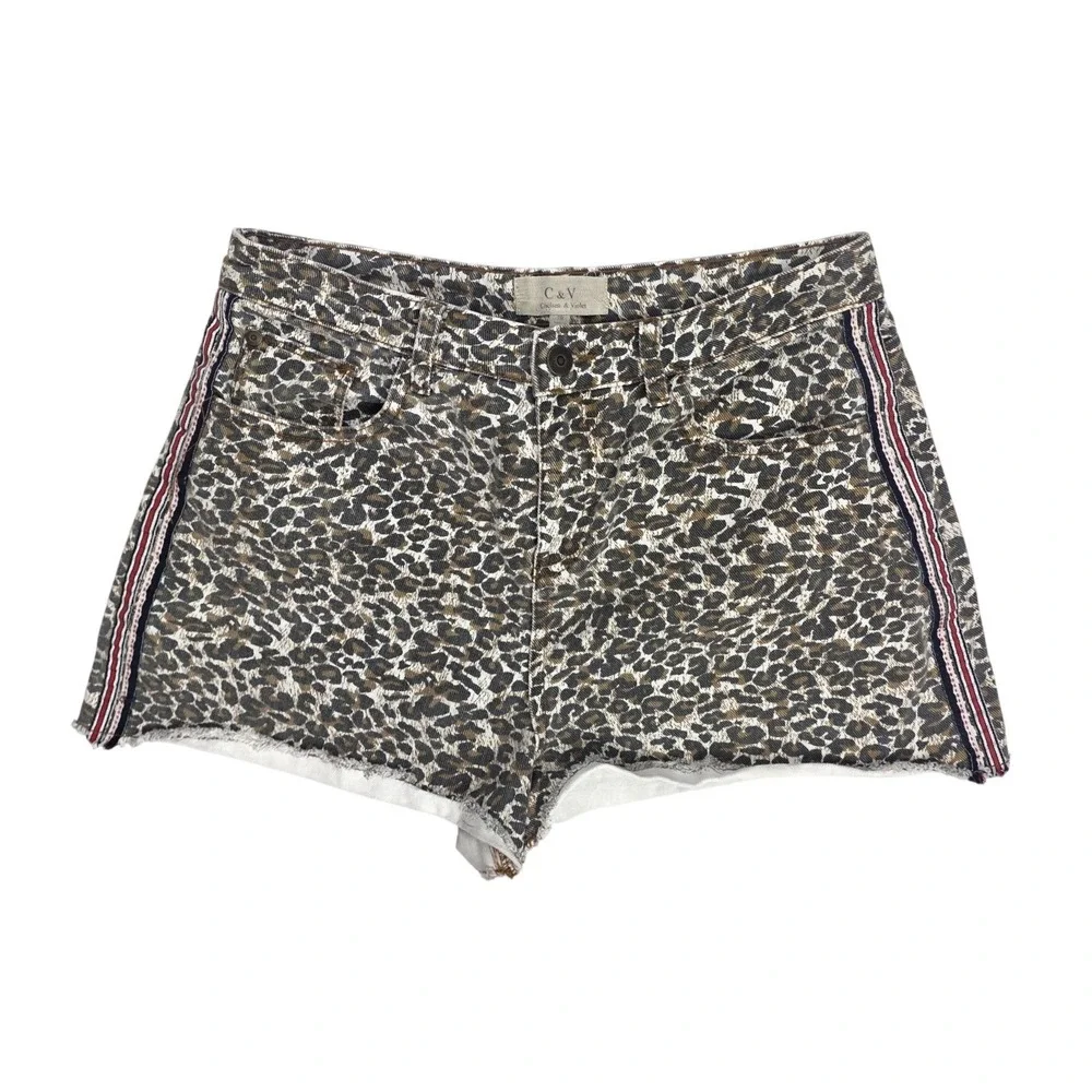 Chelsea & Violet High-Rise Cheeta Print Raw Hem Denim Shorts Women's Size 29‎
